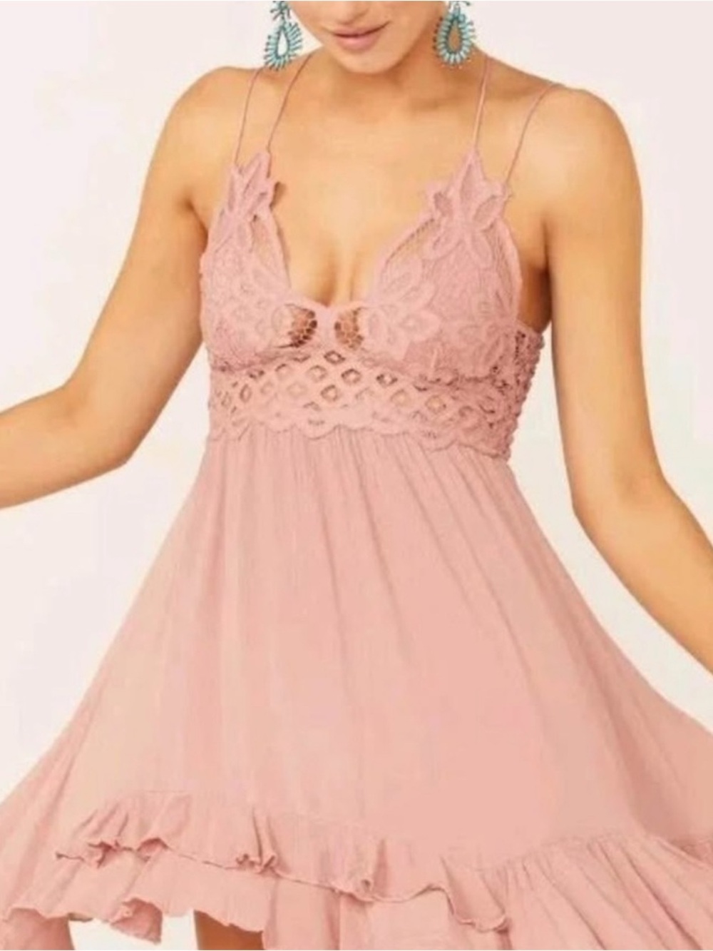 Free People Adela Dusty Rose Lace-Trim Mini Dress Size Medium - Picture 2 of 6